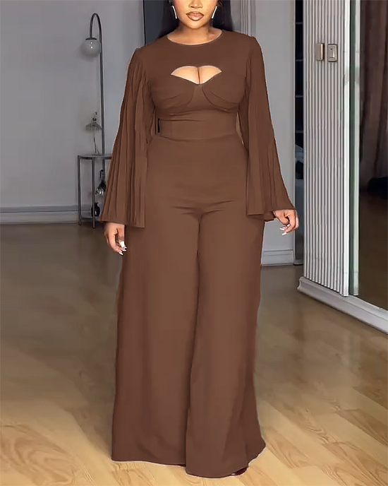 Sexy Long Sleeve Cut out V Neck Ruched Wide Leg Jumpsuit OMFORT