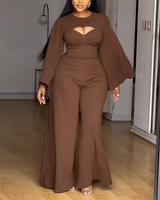 Sexy Long Sleeve Cut out V Neck Ruched Wide Leg Jumpsuit OMFORT