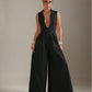 Solid Zip Front Sleeveless Extreme Wide Leg Jumpsuit OMFORT
