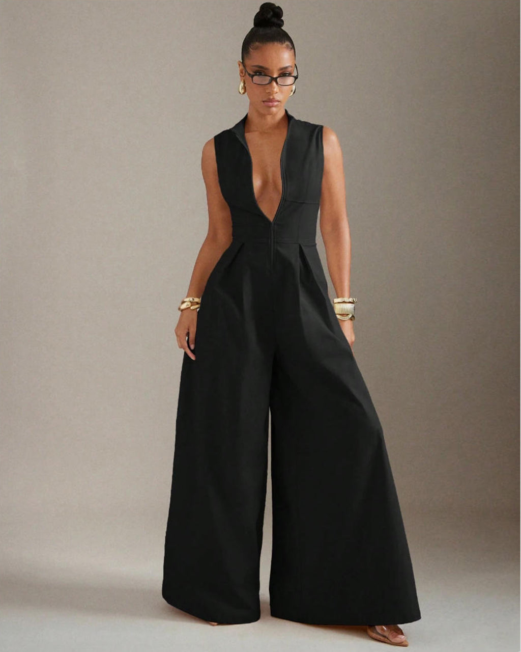 Solid Zip Front Sleeveless Extreme Wide Leg Jumpsuit OMFORT
