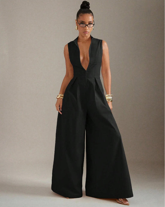Solid Zip Front Sleeveless Extreme Wide Leg Jumpsuit OMFORT