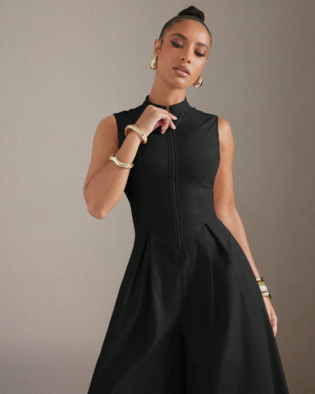 Solid Zip Front Sleeveless Extreme Wide Leg Jumpsuit OMFORT