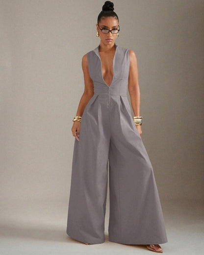 Solid Zip Front Sleeveless Extreme Wide Leg Jumpsuit OMFORT