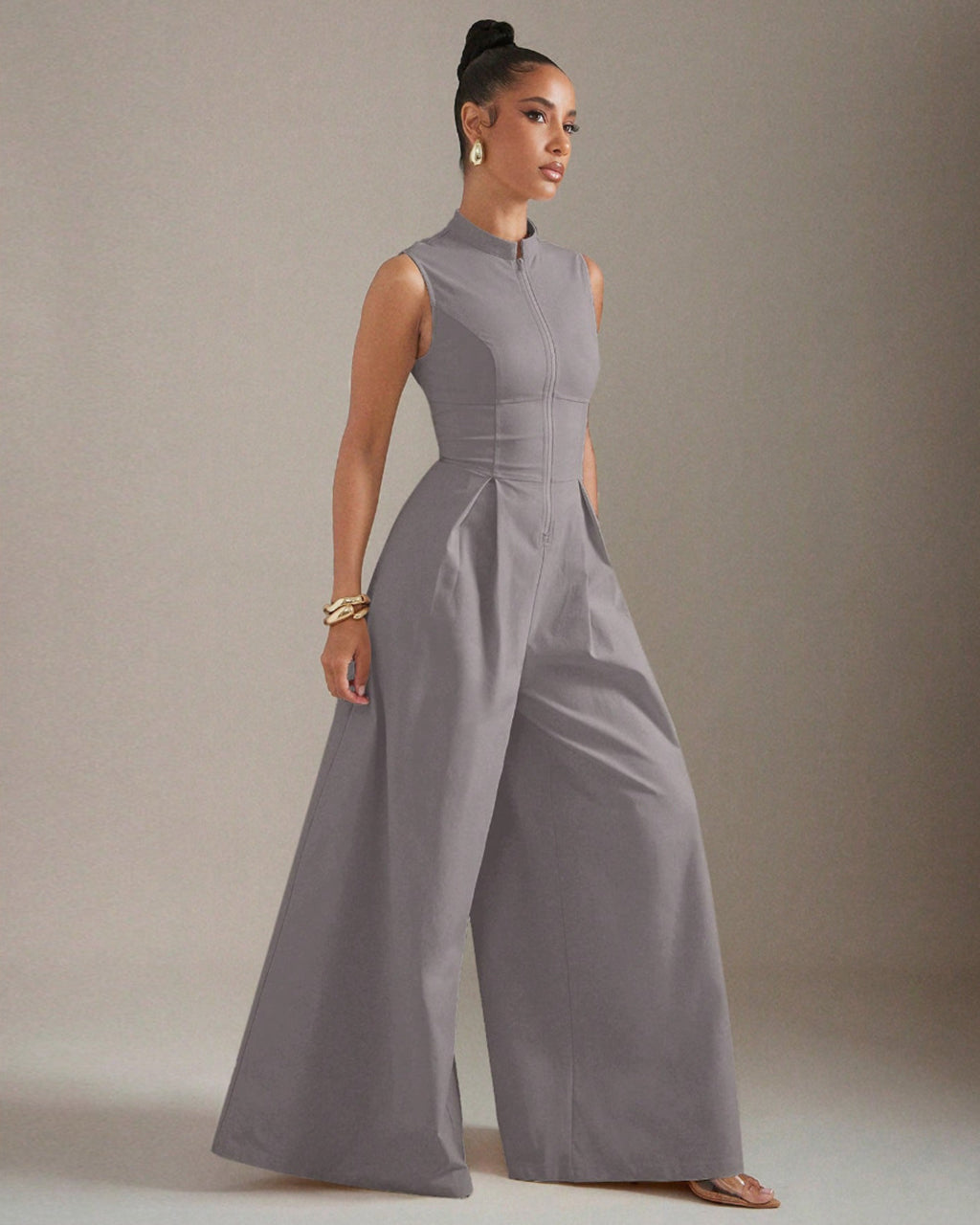 Solid Zip Front Sleeveless Extreme Wide Leg Jumpsuit OMFORT