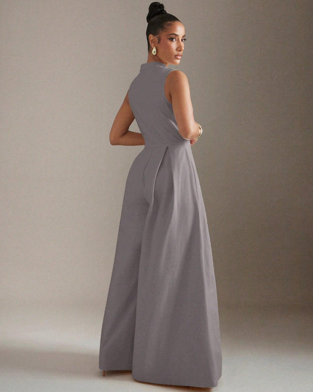 Solid Zip Front Sleeveless Extreme Wide Leg Jumpsuit OMFORT