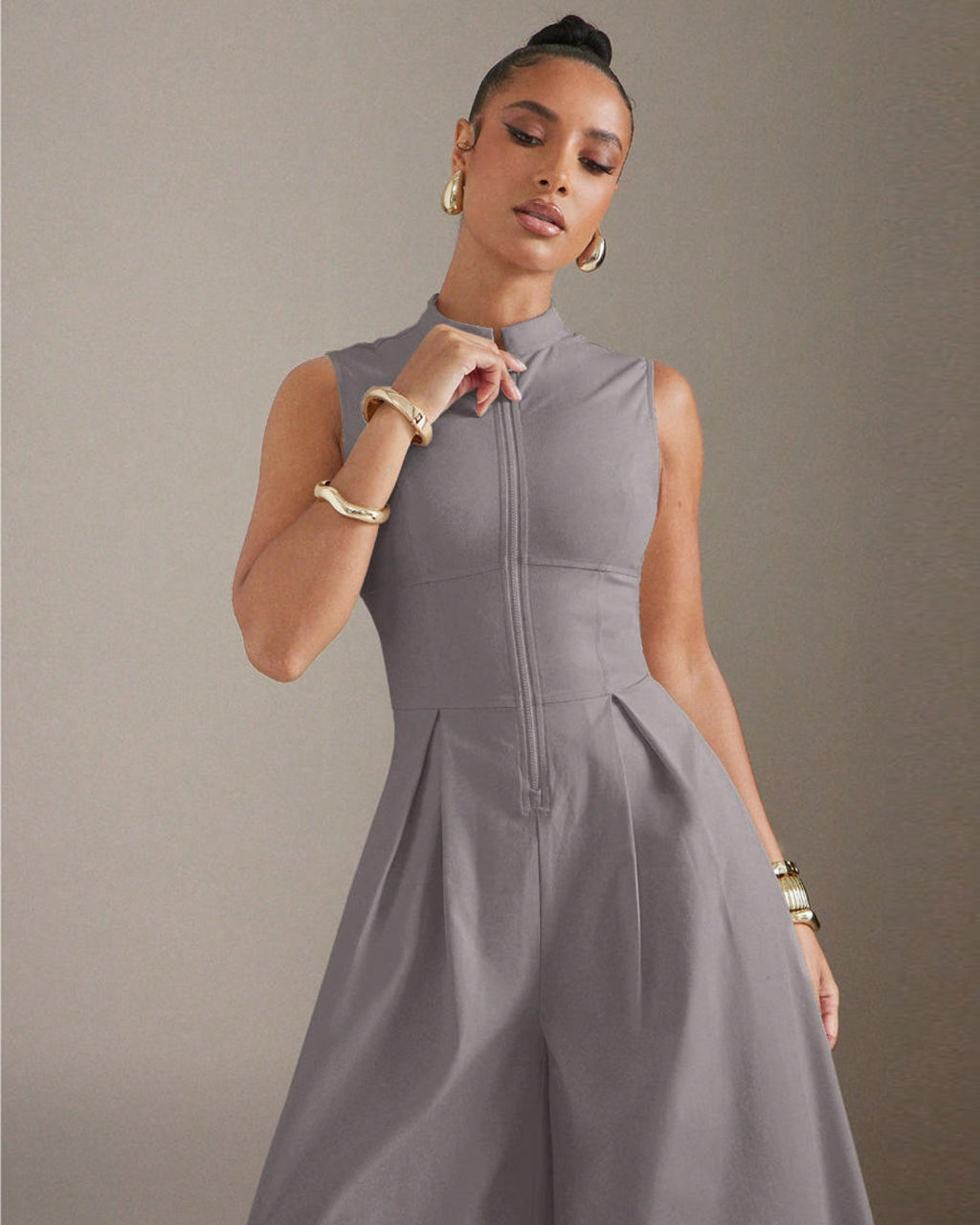 Solid Zip Front Sleeveless Extreme Wide Leg Jumpsuit OMFORT