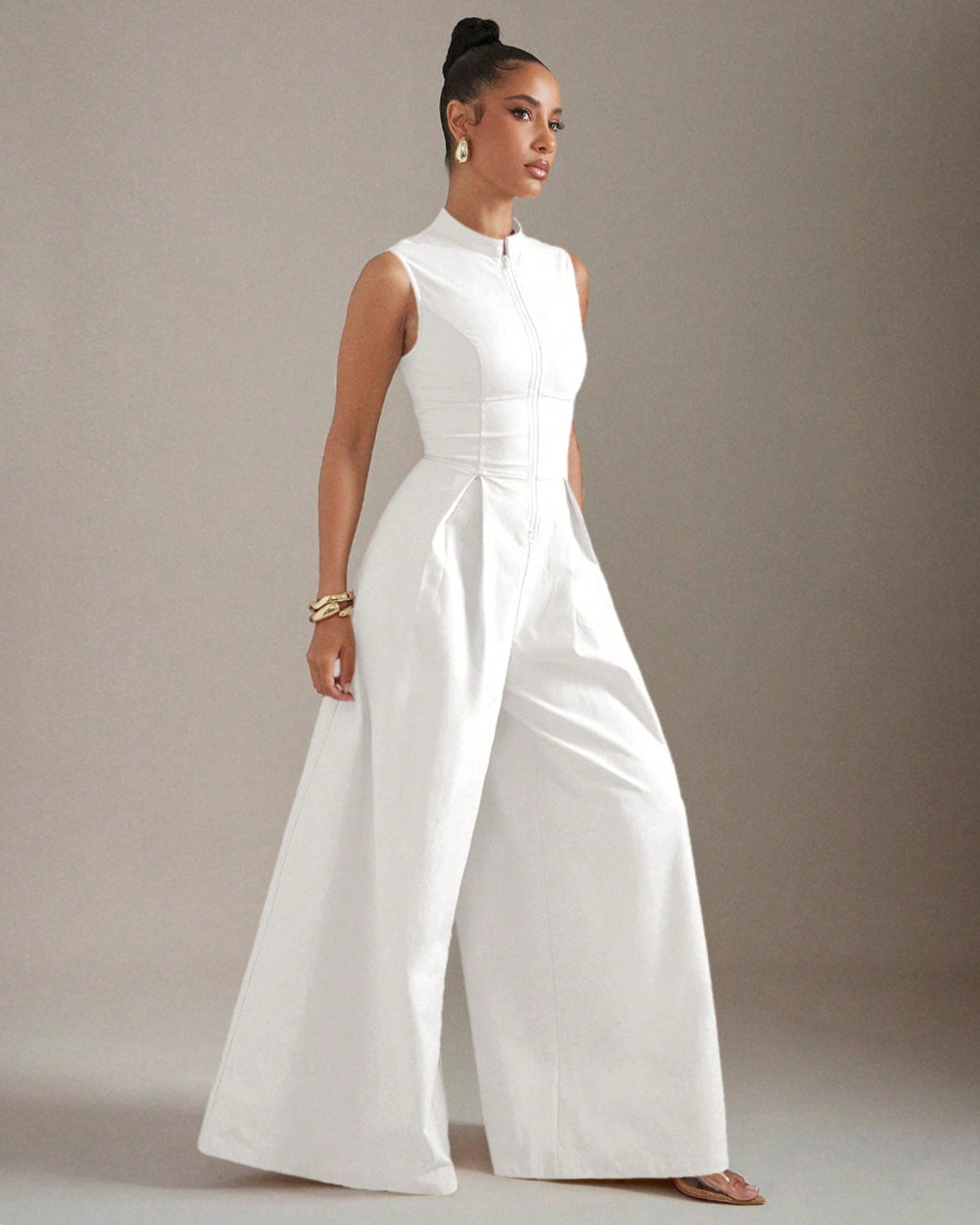 Solid Zip Front Sleeveless Extreme Wide Leg Jumpsuit OMFORT