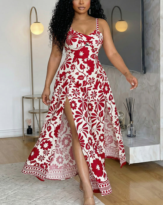 Boho Style Dual Slit Floral Print Jumpsuit OMFORT