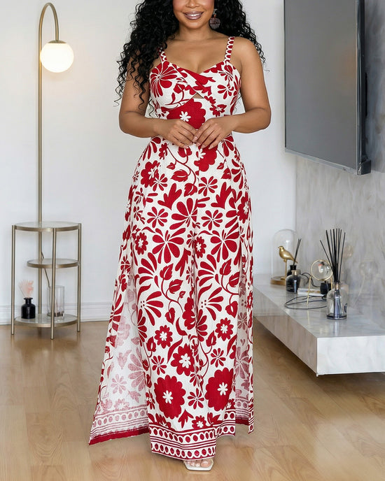 Boho Style Dual Slit Floral Print Jumpsuit OMFORT