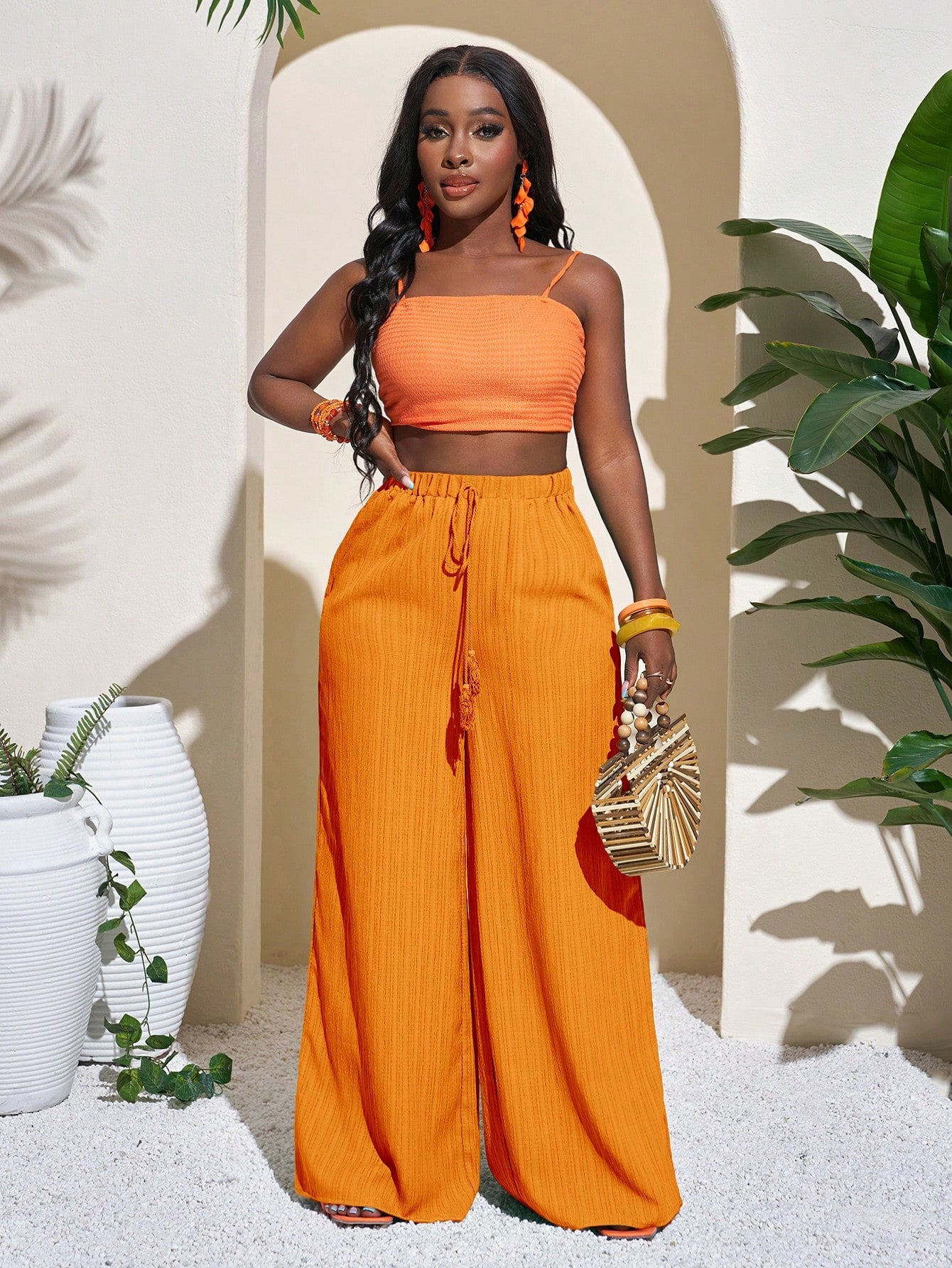 Casual Wrinkle Fabric Solid Waist Tie Wide Leg Pant OMFORT