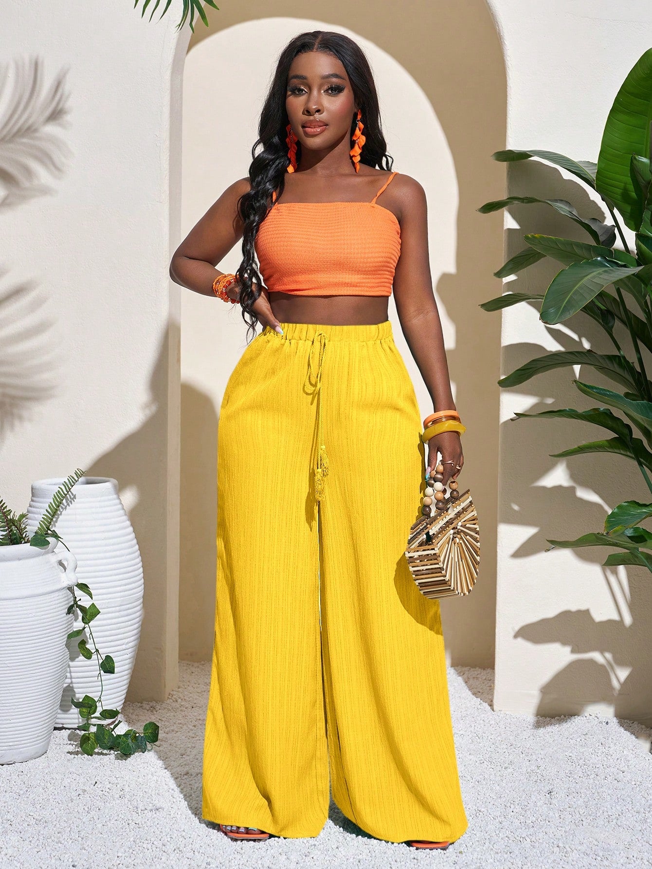 Casual Wrinkle Fabric Solid Waist Tie Wide Leg Pant OMFORT