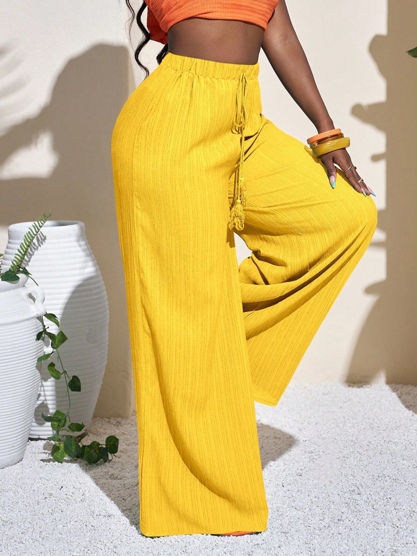 Casual Wrinkle Fabric Solid Waist Tie Wide Leg Pant OMFORT