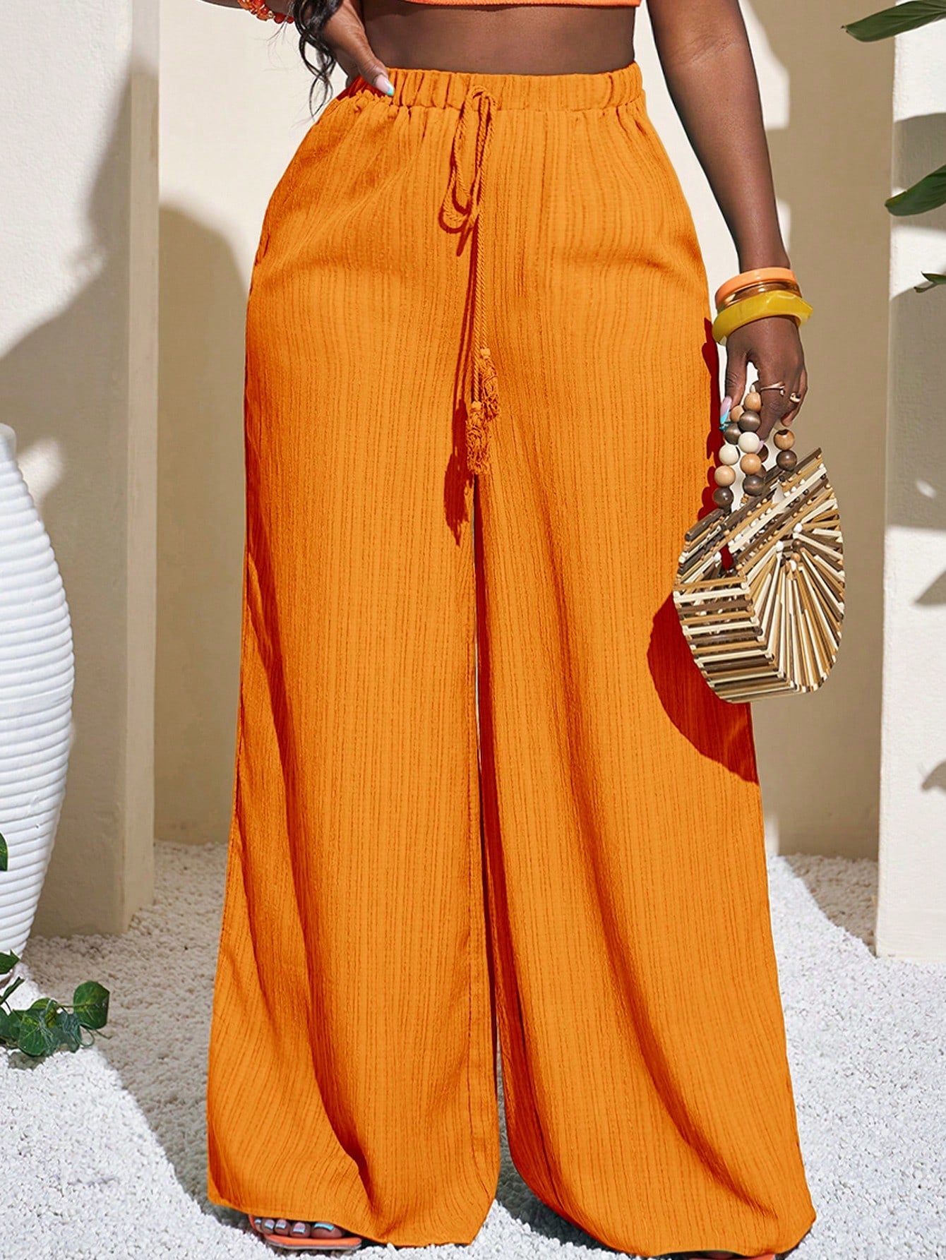 Casual Wrinkle Fabric Solid Waist Tie Wide Leg Pant OMFORT