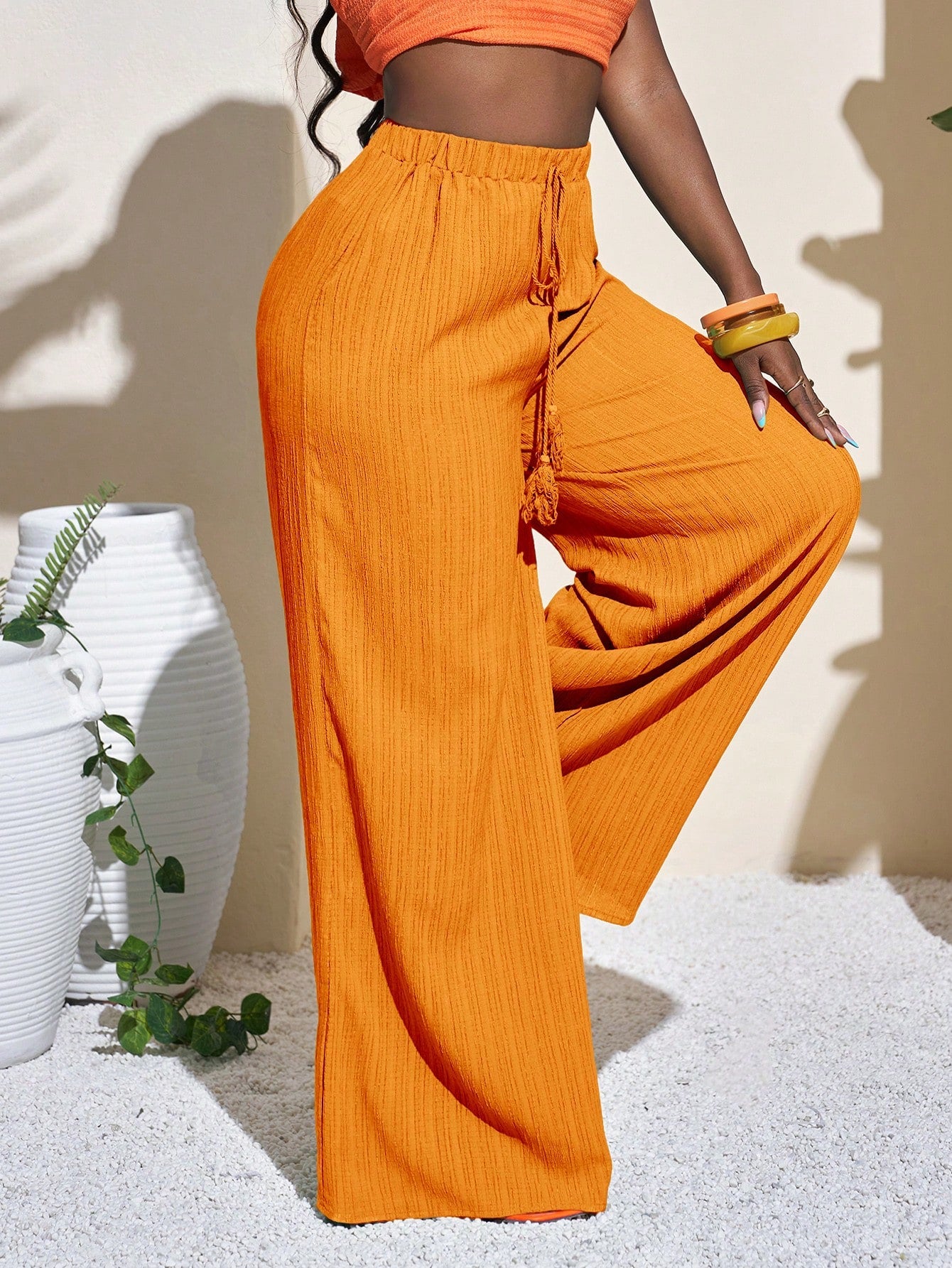 Casual Wrinkle Fabric Solid Waist Tie Wide Leg Pant OMFORT