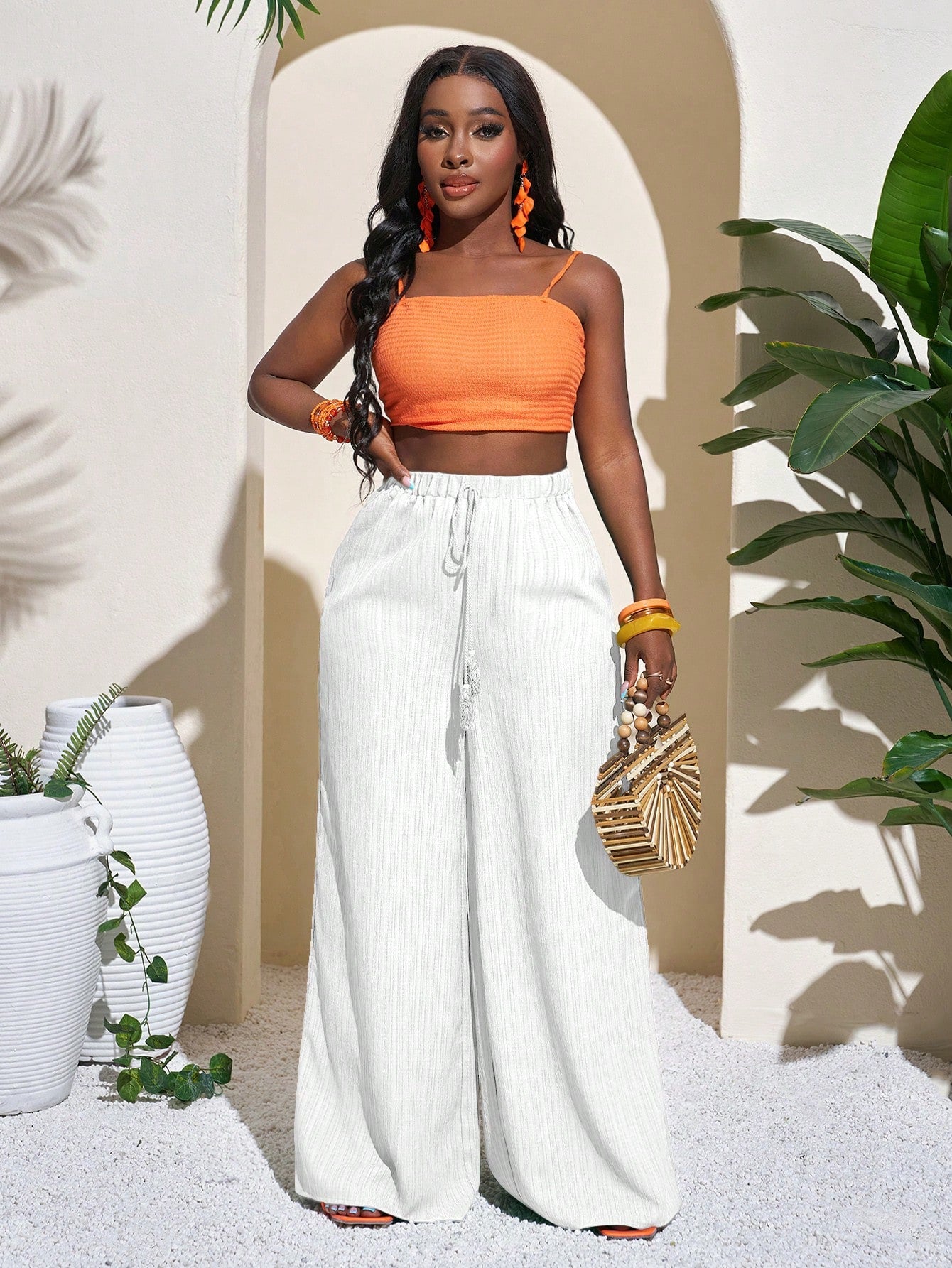 Casual Wrinkle Fabric Solid Waist Tie Wide Leg Pant OMFORT