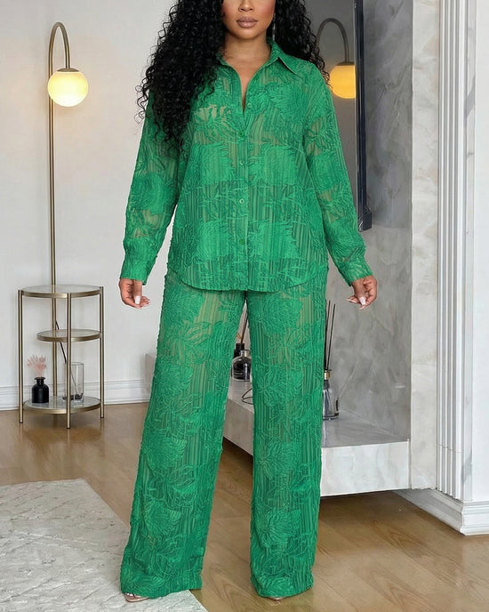 Sheer Lace Button Down Long Sleeve Top and Wide Leg Pant Set OMFORT