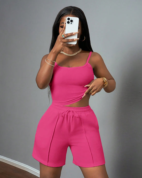 Summer Sleeveless Crop Tank Top And Jogging Shorts 2Pcs Set OMFORT