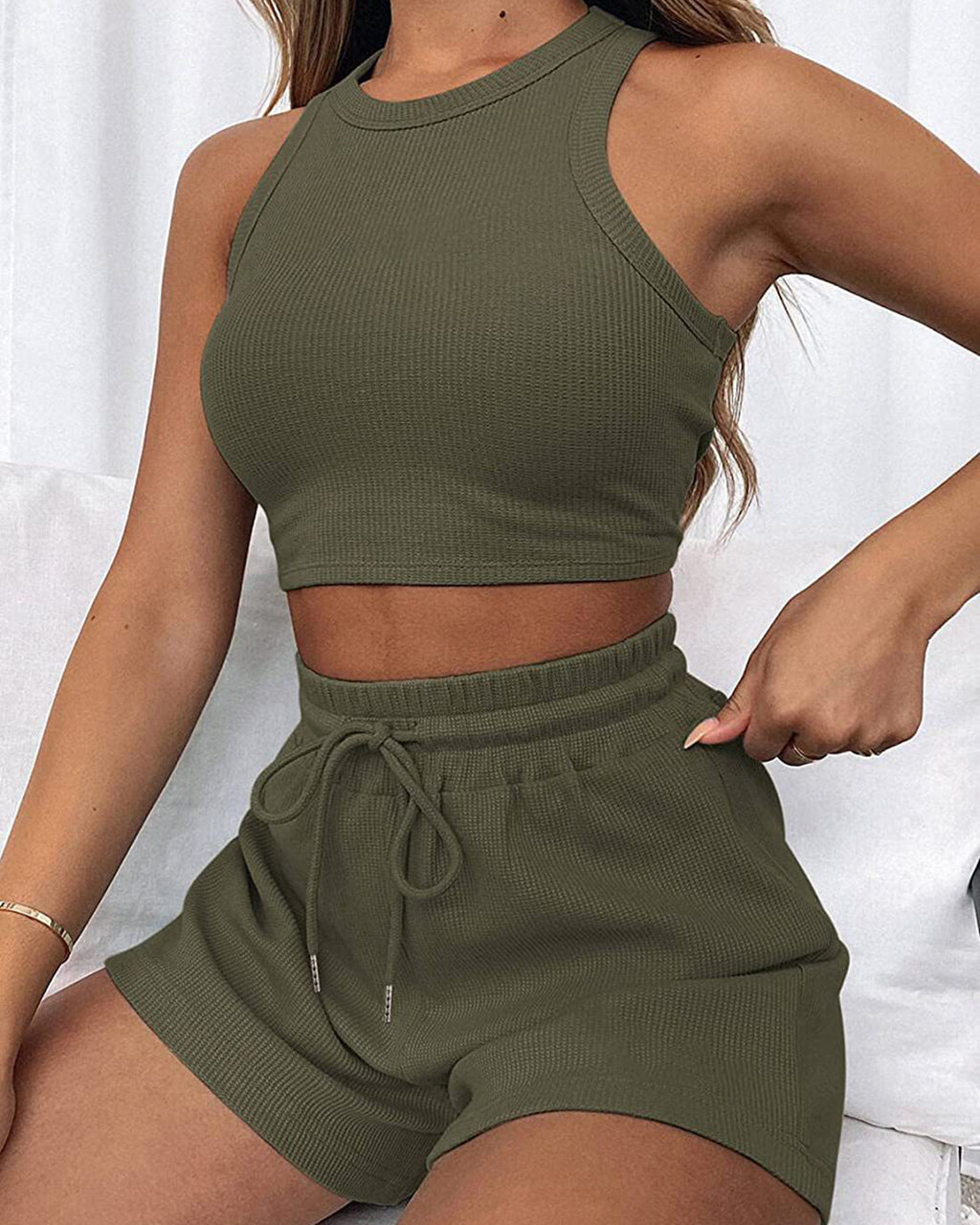 Fashion Ribbed Knit Tank Top And Drawstring Shorts Set Tracksuit OMFORT