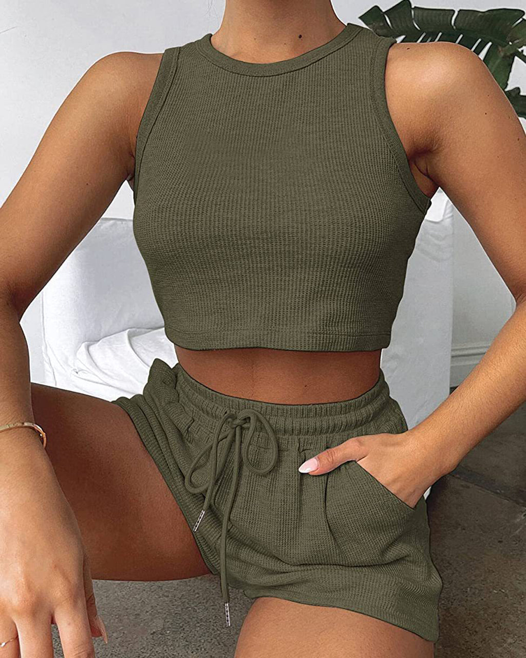 Fashion Ribbed Knit Tank Top And Drawstring Shorts Set Tracksuit OMFORT