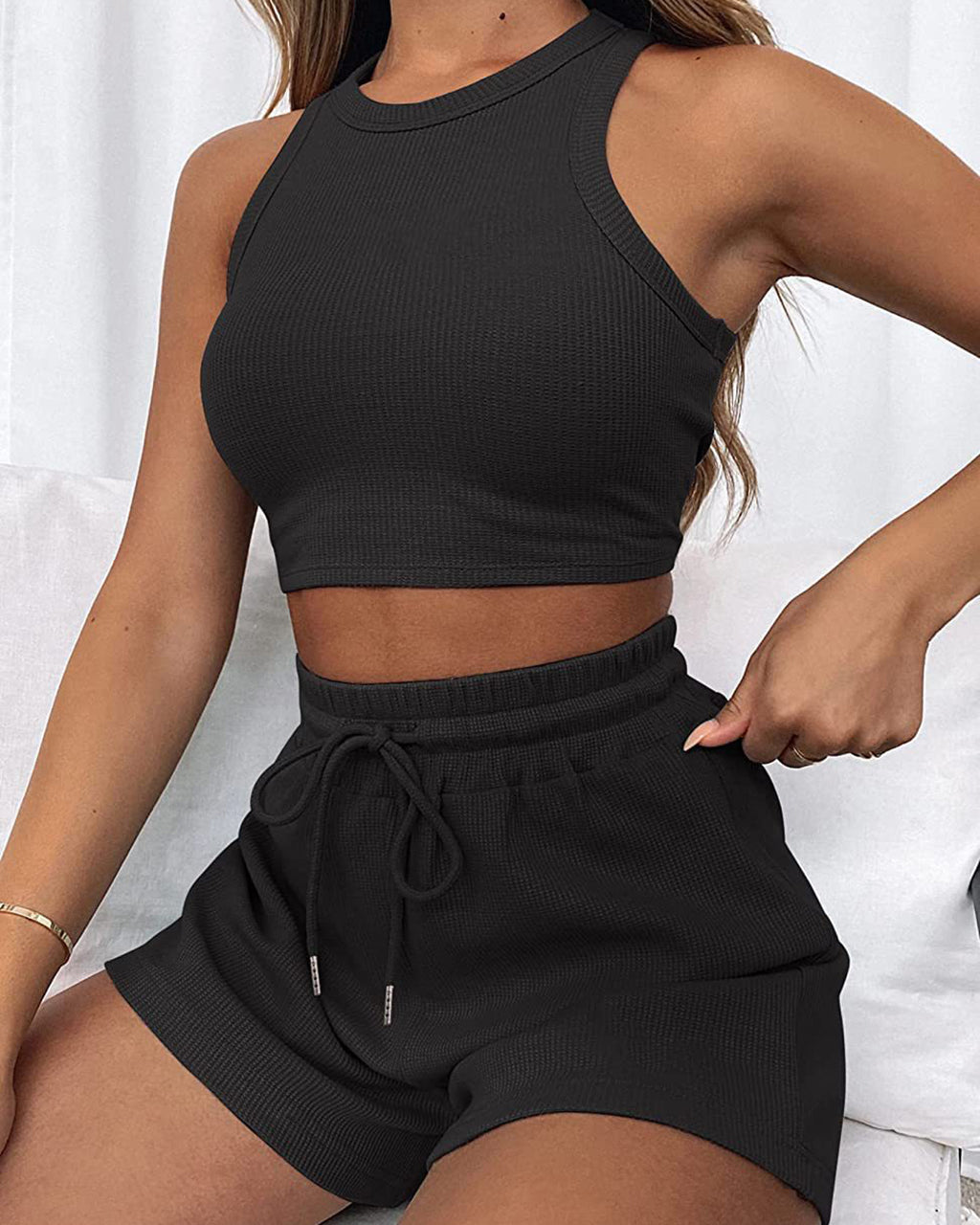 Fashion Ribbed Knit Tank Top And Drawstring Shorts Set Tracksuit OMFORT