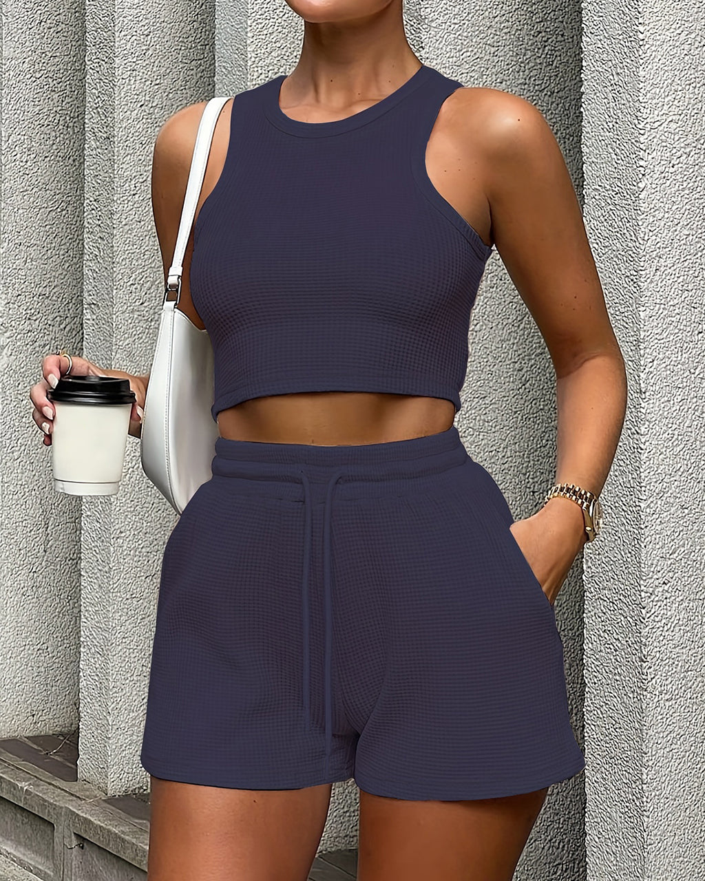 Fashion Ribbed Knit Tank Top And Drawstring Shorts Set Tracksuit OMFORT