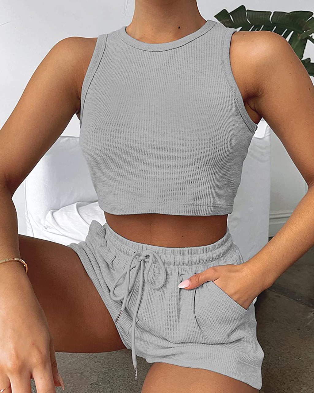 Fashion Ribbed Knit Tank Top And Drawstring Shorts Set Tracksuit OMFORT