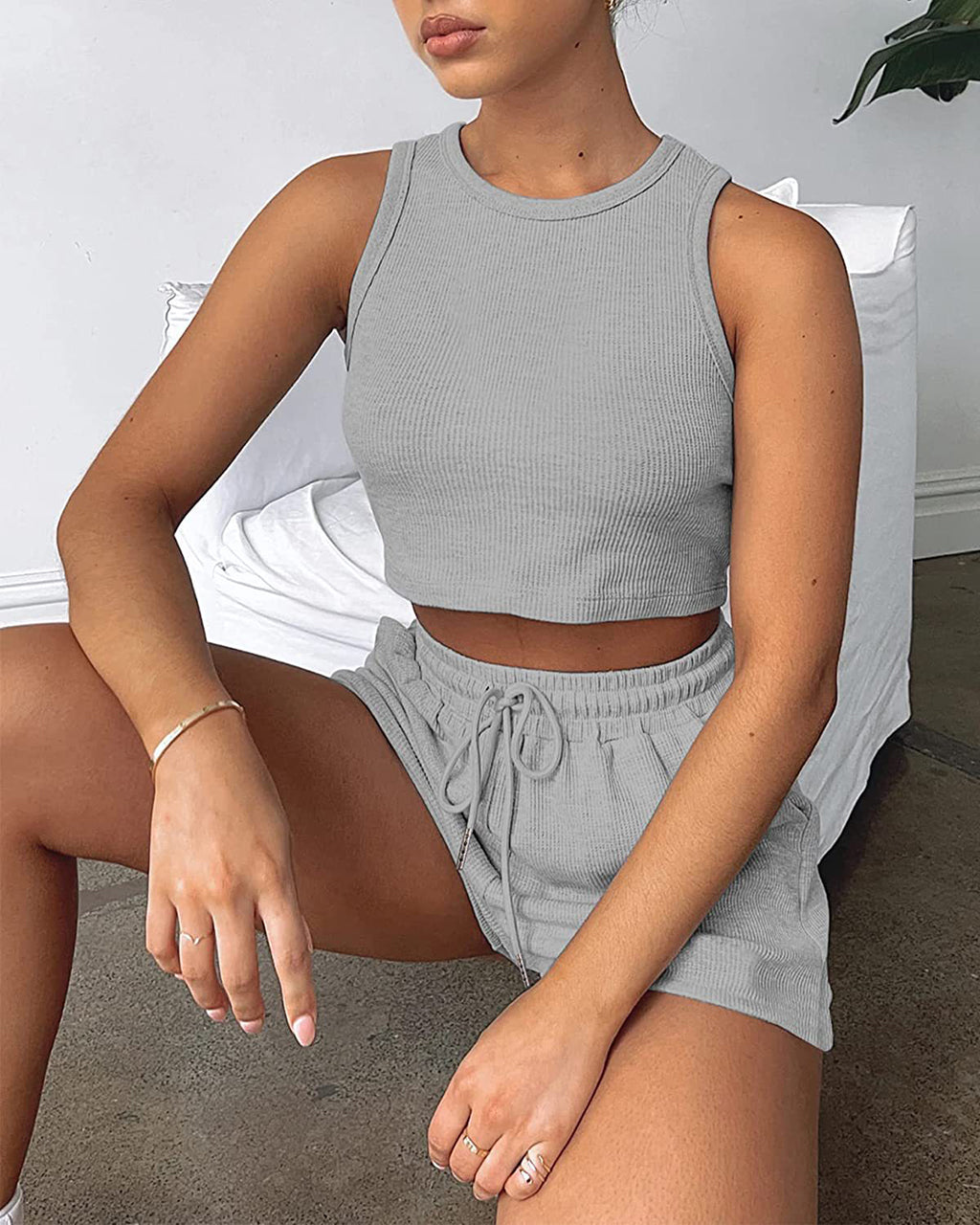 Fashion Ribbed Knit Tank Top And Drawstring Shorts Set Tracksuit OMFORT