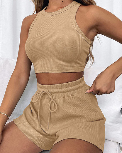 Fashion Ribbed Knit Tank Top And Drawstring Shorts Set Tracksuit OMFORT