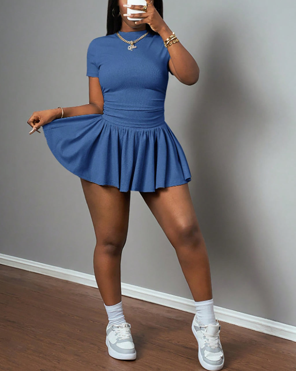 Casual Basic Short Sleeve Top And Pleated Skirt 2Pcs Set OMFORT