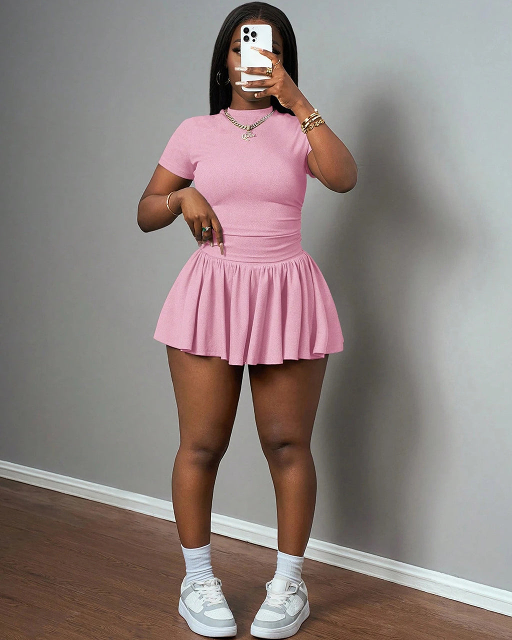 Casual Basic Short Sleeve Top And Pleated Skirt 2Pcs Set OMFORT