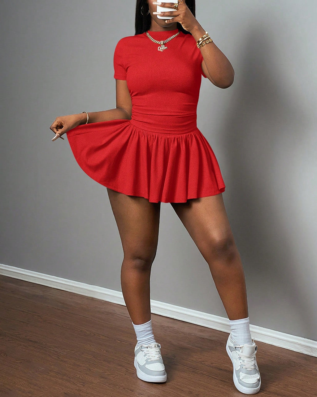 Casual Basic Short Sleeve Top And Pleated Skirt 2Pcs Set OMFORT