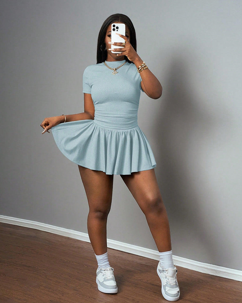 Casual Basic Short Sleeve Top And Pleated Skirt 2Pcs Set OMFORT