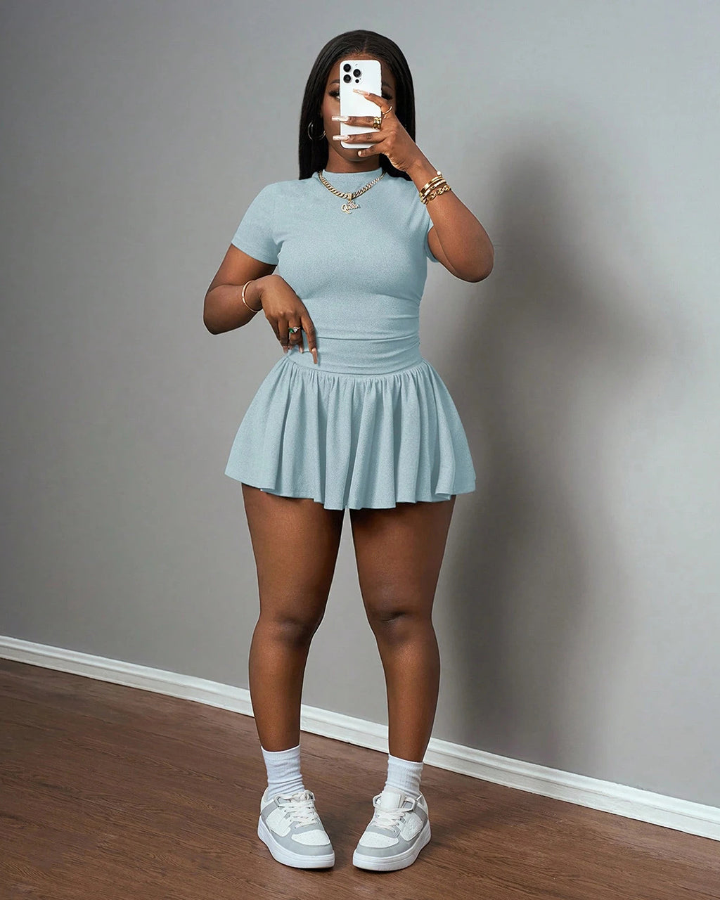 Casual Basic Short Sleeve Top And Pleated Skirt 2Pcs Set OMFORT