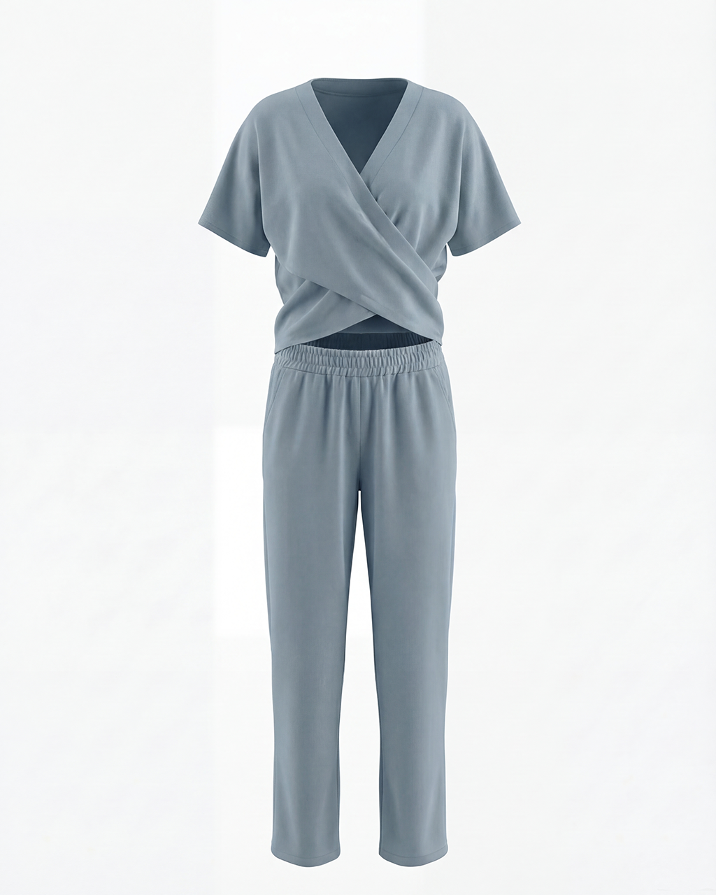 V-Neck Wrap Front With Cropped Trousers 2Pcs Set OMFORT