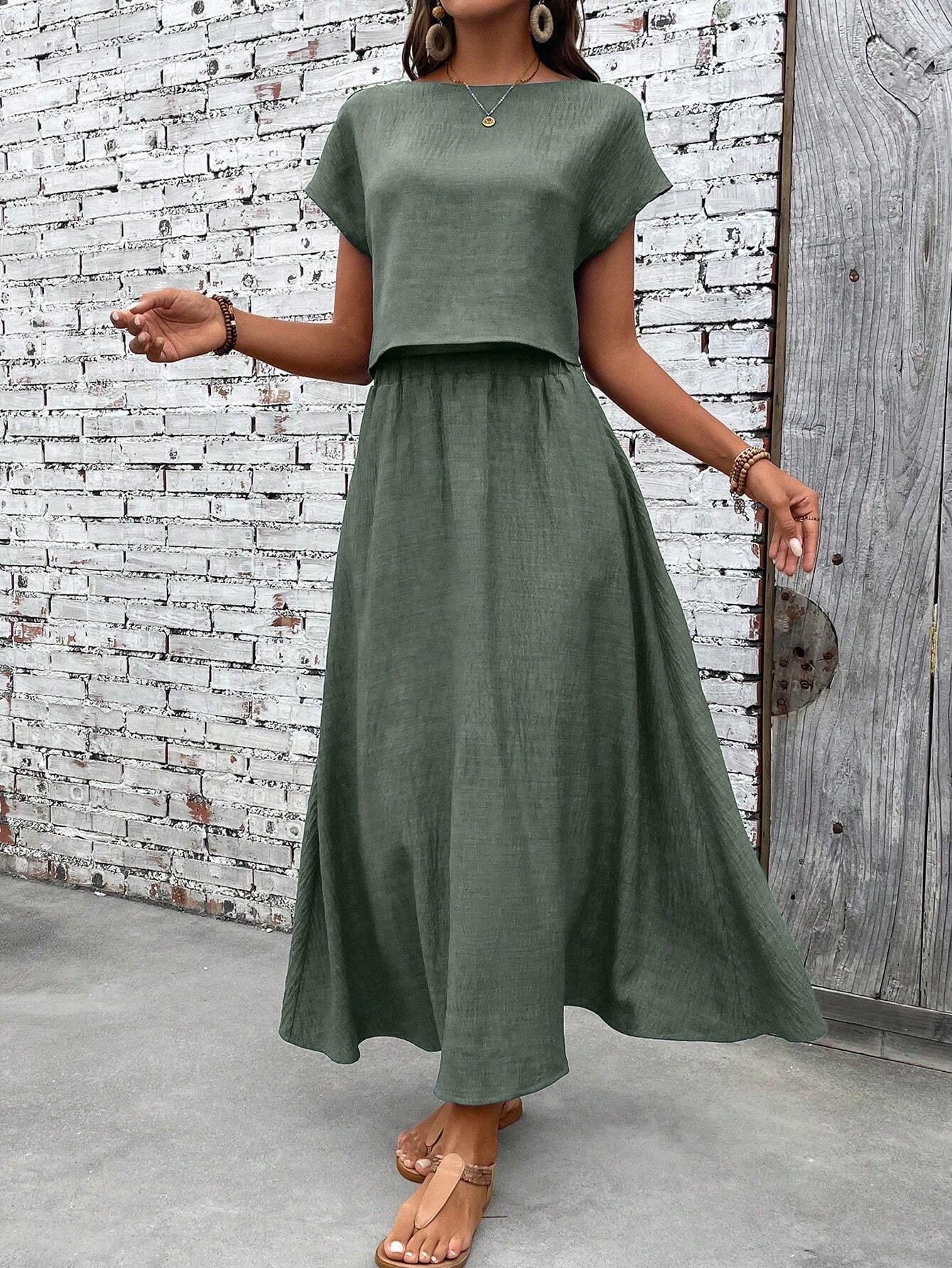Casual Linen Blend Relaxed Fit Midi Two Piece Set OMFORT