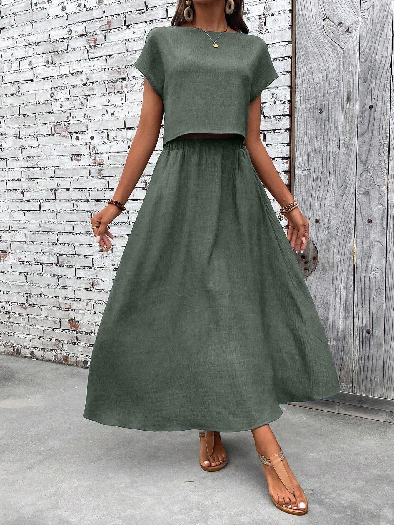 Casual Linen Blend Relaxed Fit Midi Two Piece Set OMFORT