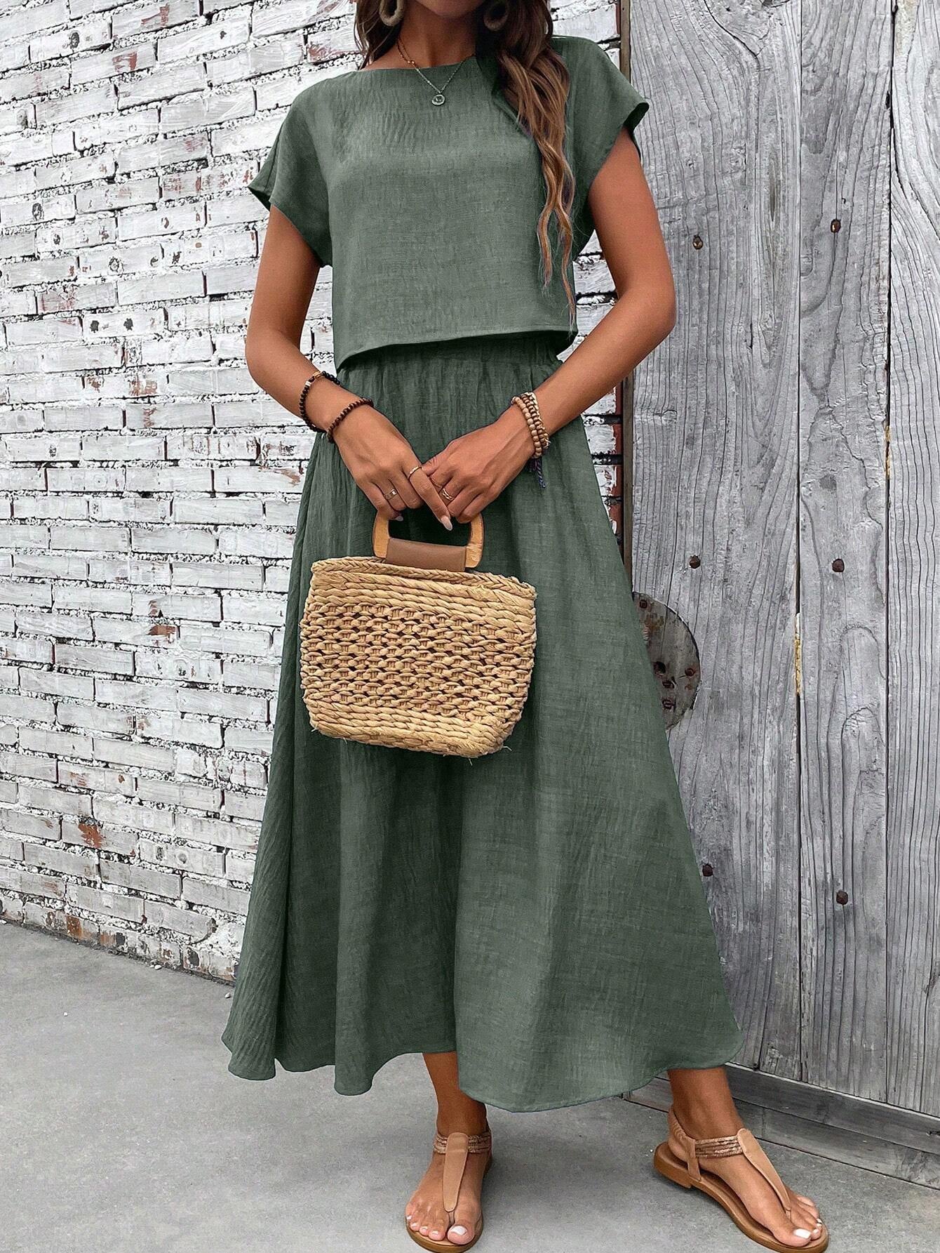Casual Linen Blend Relaxed Fit Midi Two Piece Set OMFORT