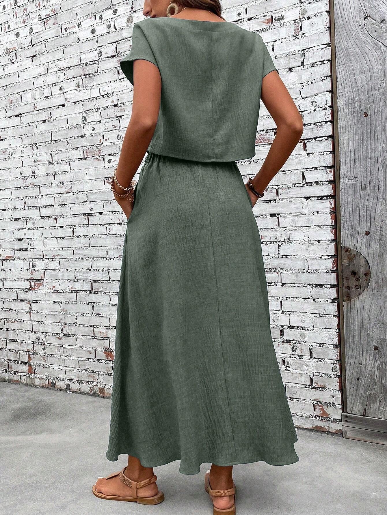 Casual Linen Blend Relaxed Fit Midi Two Piece Set OMFORT