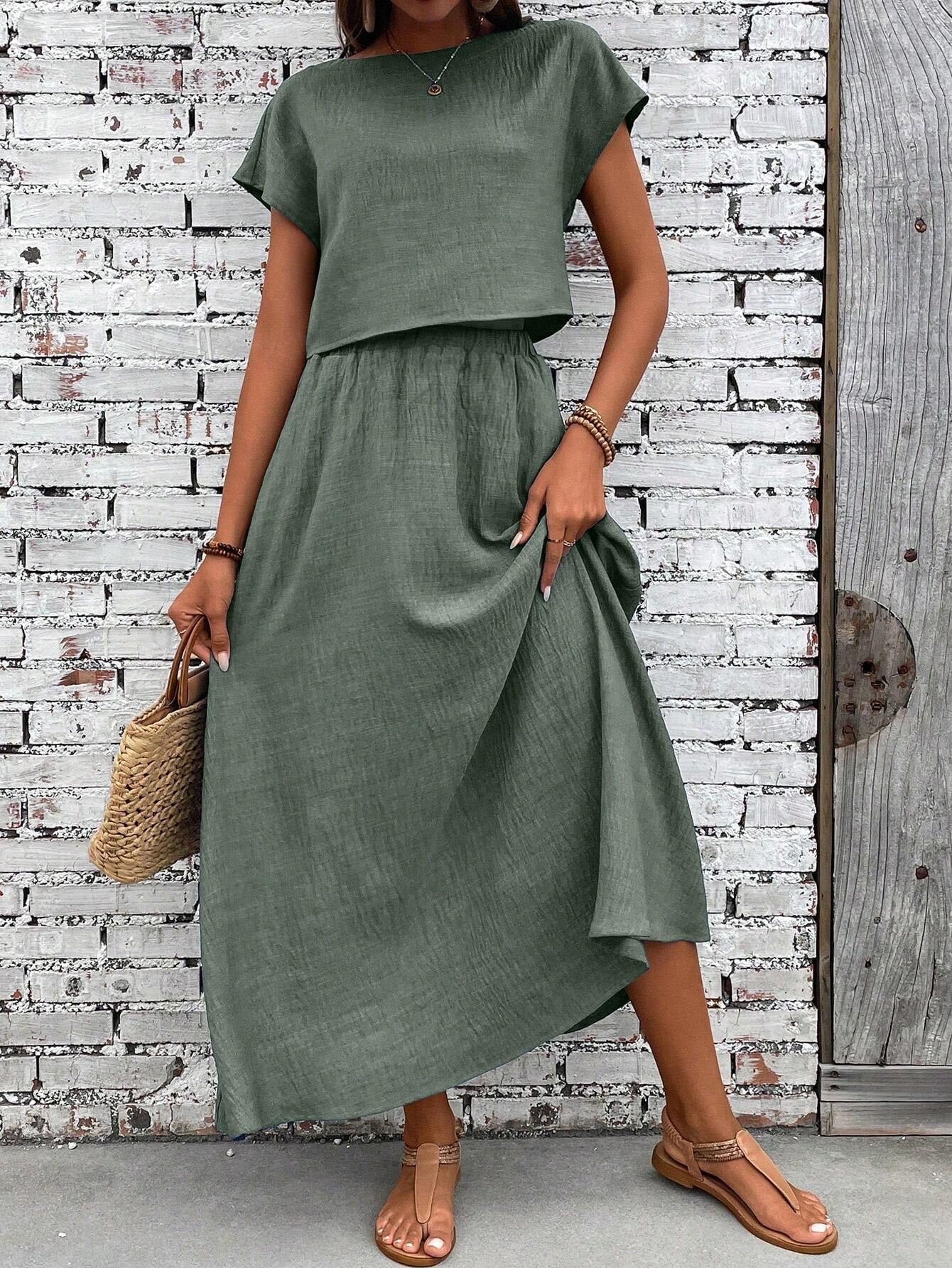 Casual Linen Blend Relaxed Fit Midi Two Piece Set OMFORT