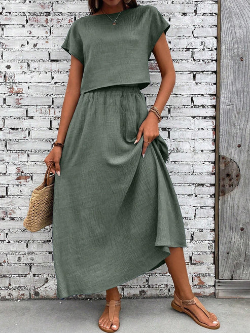Casual Linen Blend Relaxed Fit Midi Two Piece Set OMFORT