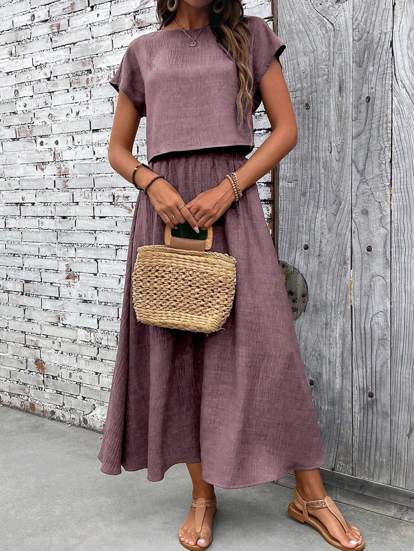 Casual Linen Blend Relaxed Fit Midi Two Piece Set OMFORT