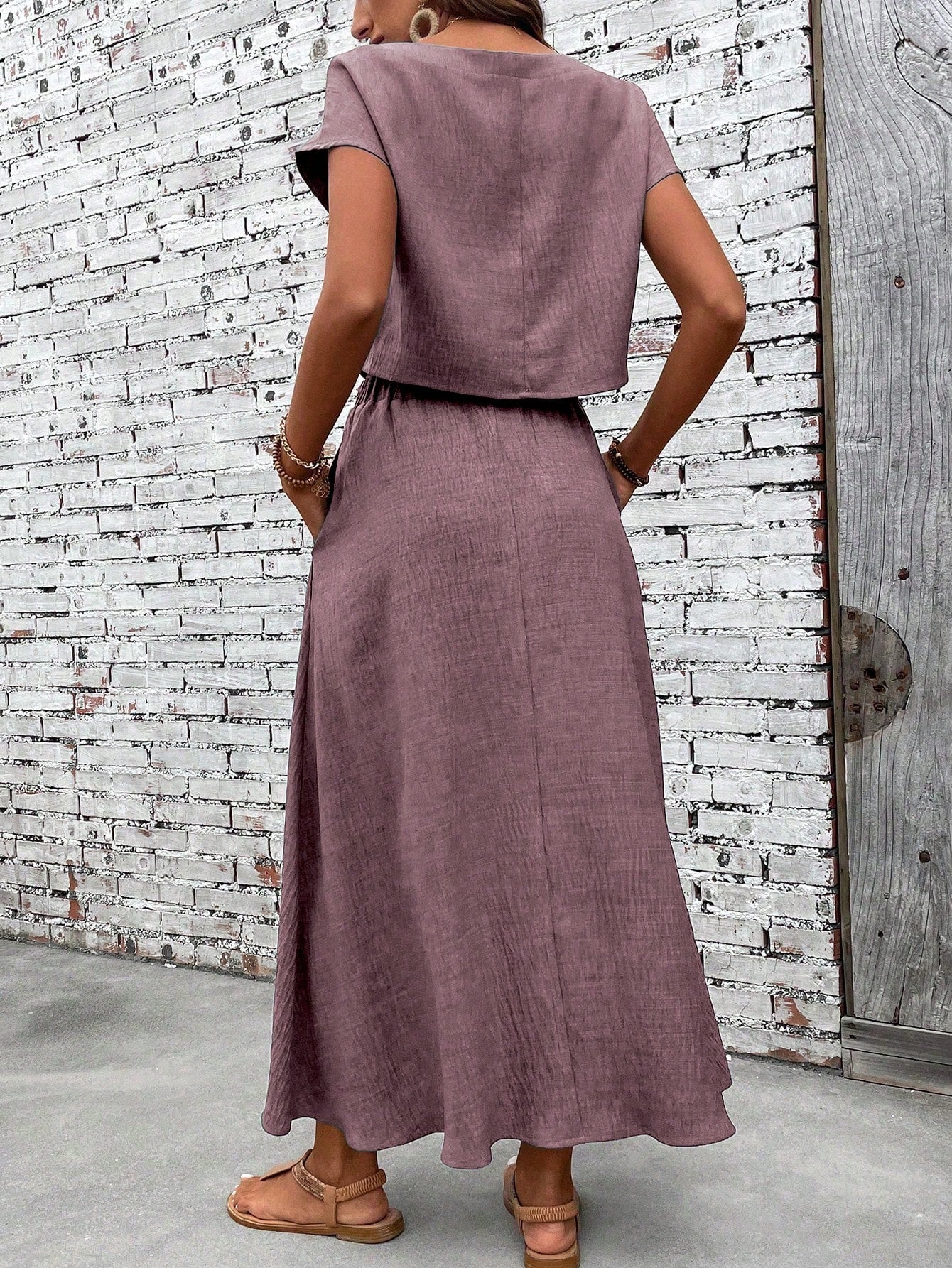 Casual Linen Blend Relaxed Fit Midi Two Piece Set OMFORT