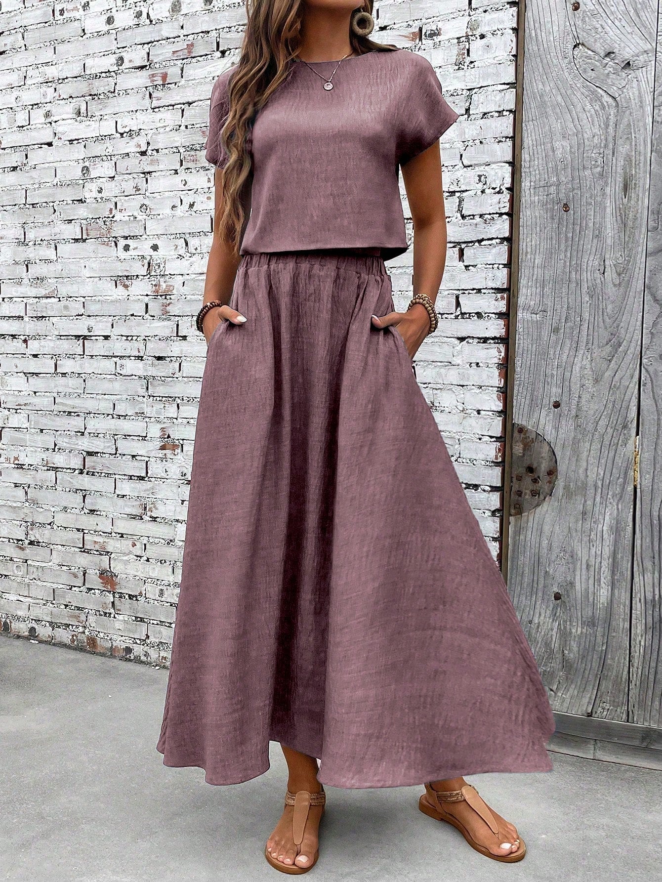 Casual Linen Blend Relaxed Fit Midi Two Piece Set OMFORT