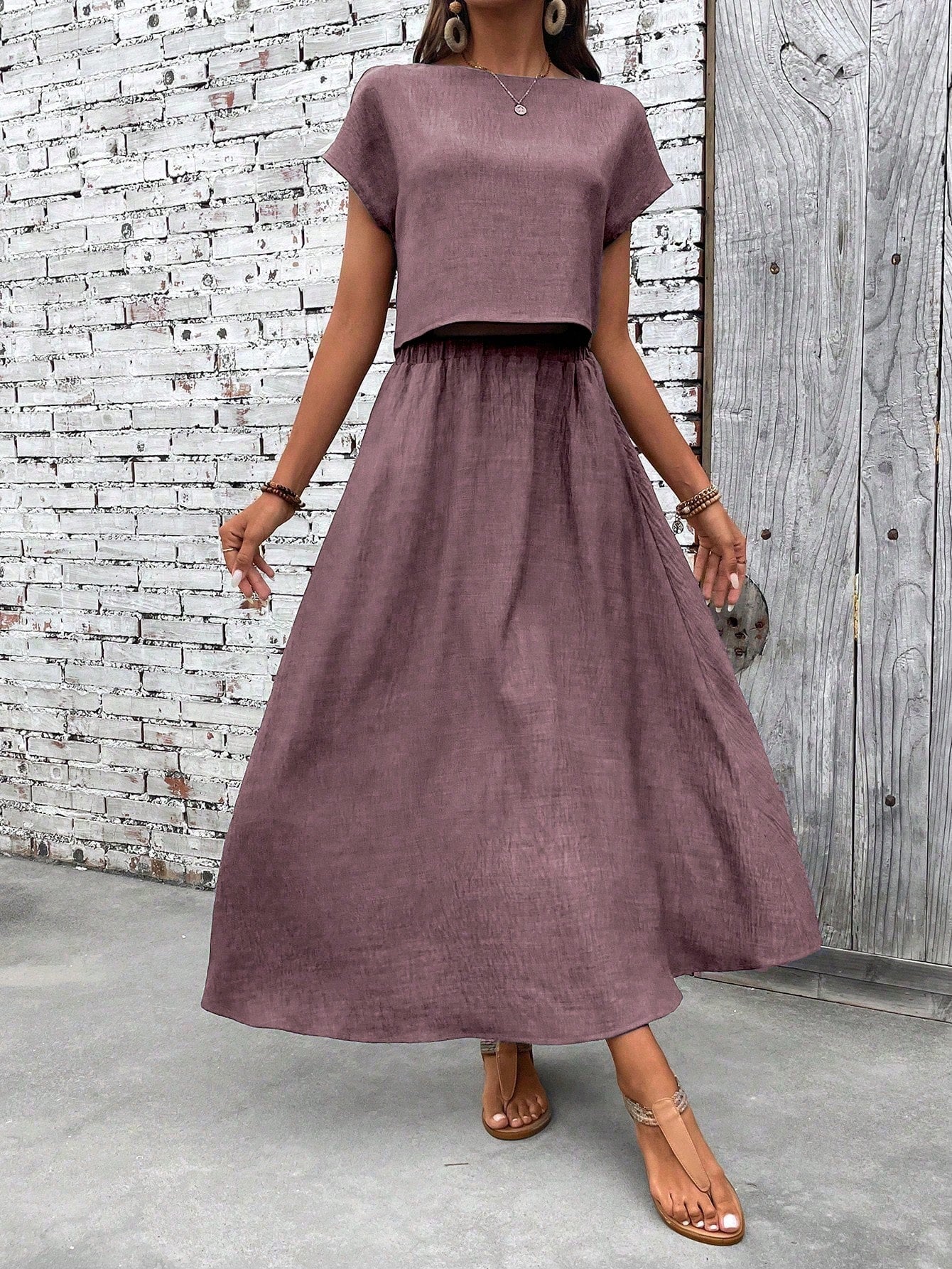 Casual Linen Blend Relaxed Fit Midi Two Piece Set OMFORT