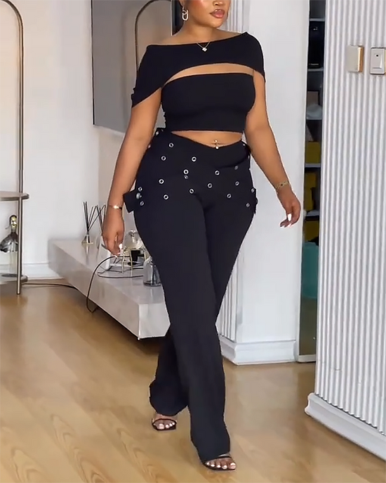 Off Shoulder Cutout Crop Top And Rivet Flare Pants 2Pcs Set OMFORT