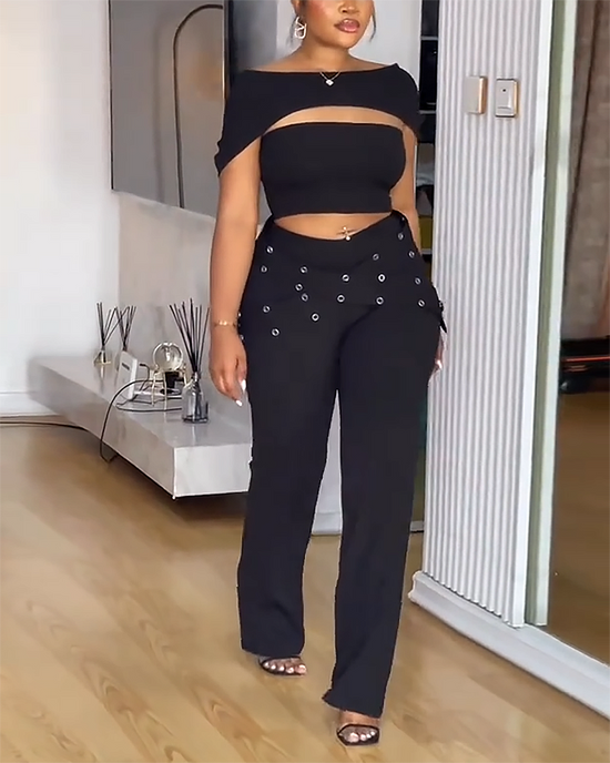 Off Shoulder Cutout Crop Top And Rivet Flare Pants 2Pcs Set OMFORT
