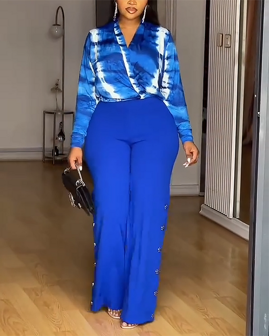 Elegant V Neck Tie Dye Top And Button Flare Pants 2Pcs Set OMFORT