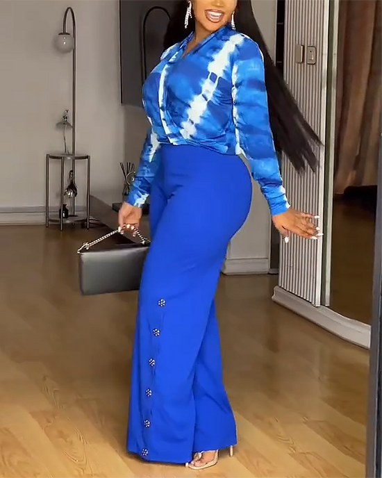 Elegant V Neck Tie Dye Top And Button Flare Pants 2Pcs Set OMFORT