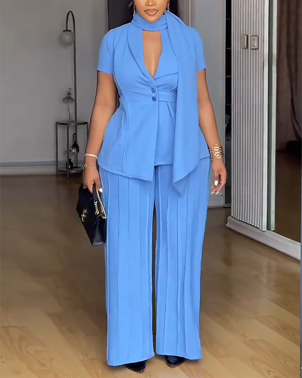 Elegant Shawl Collar Blazer And Wide Leg Pants 2Pcs Set OMFORT