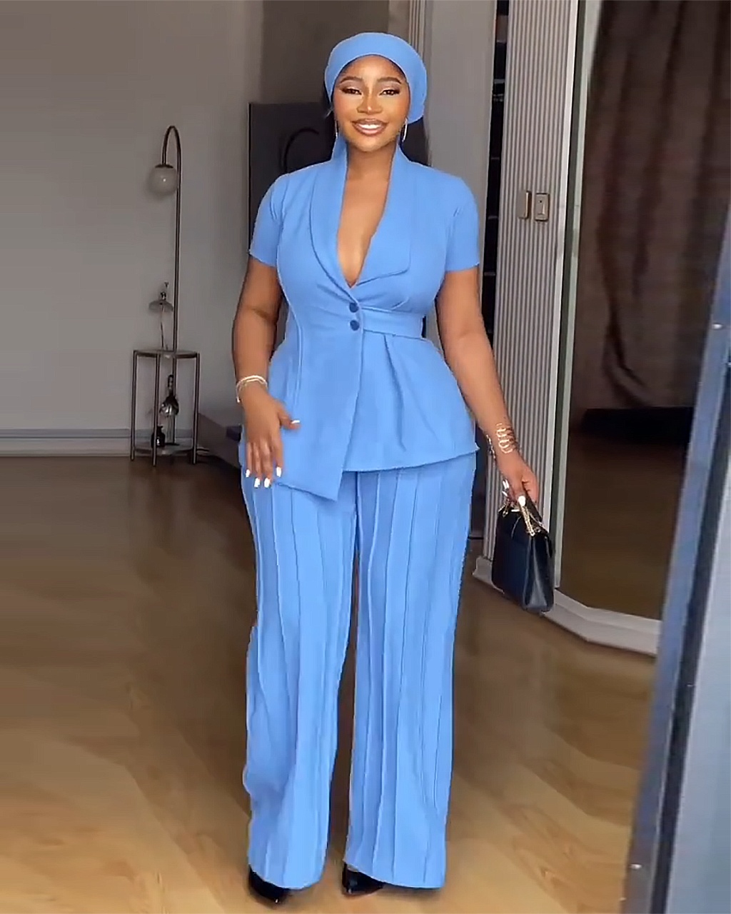 Elegant Shawl Collar Blazer And Wide Leg Pants 2Pcs Set OMFORT